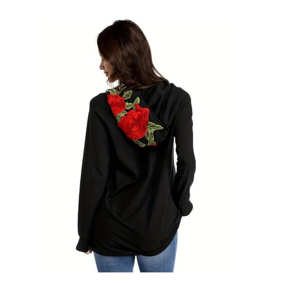 Windsor Tops - Windsor Black Hoodie with Red Rose Embroidered Hood NWOT